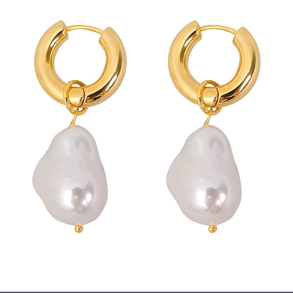Gold and White Pearl Hoop Earrings
